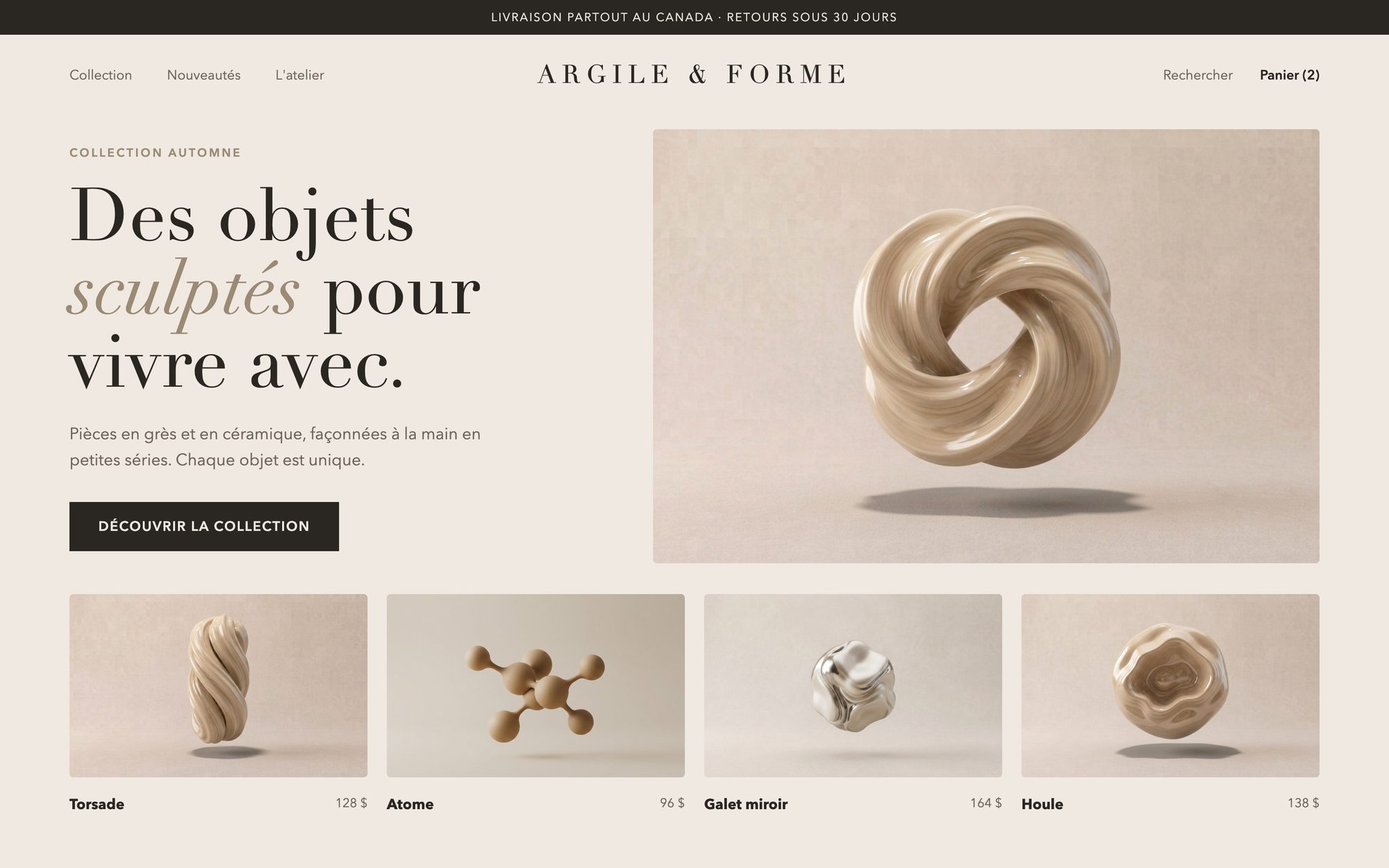 Concept de boutique en ligne d'objets sculptés, Argile et Forme