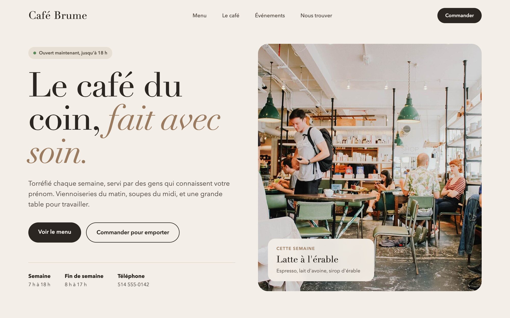 Concept de site pour un café, Café Brume (commerce fictif)