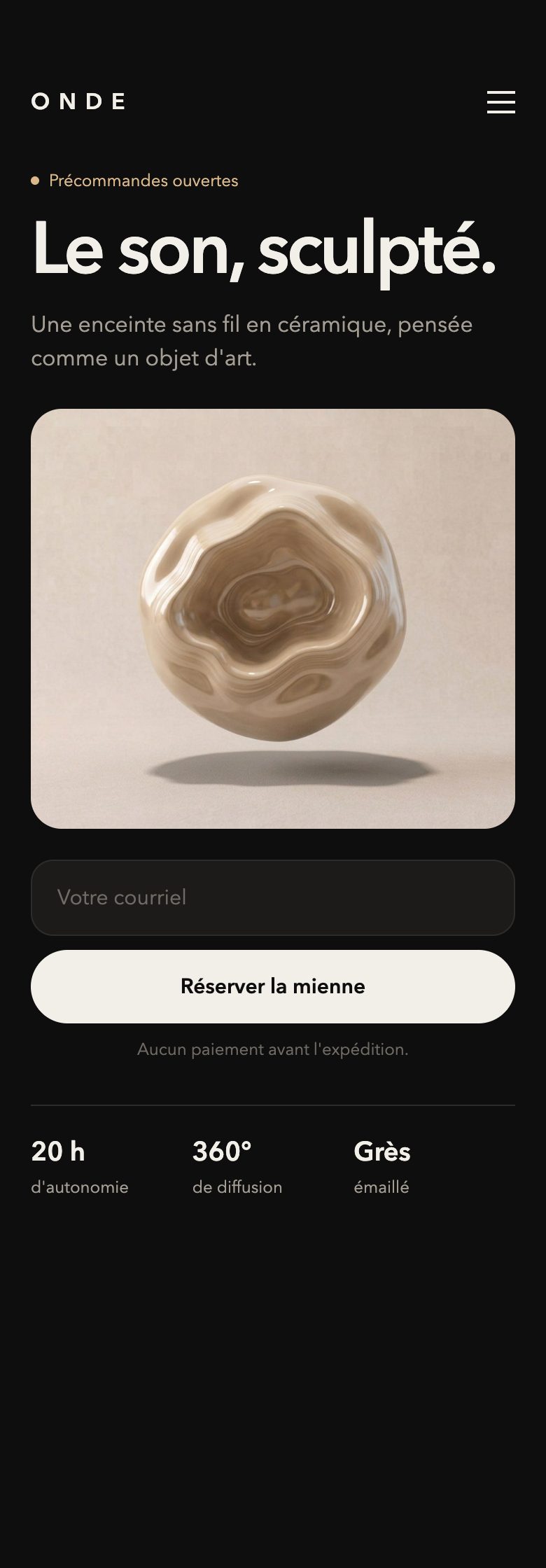 Concept de page de lancement pour une enceinte, vue sur téléphone