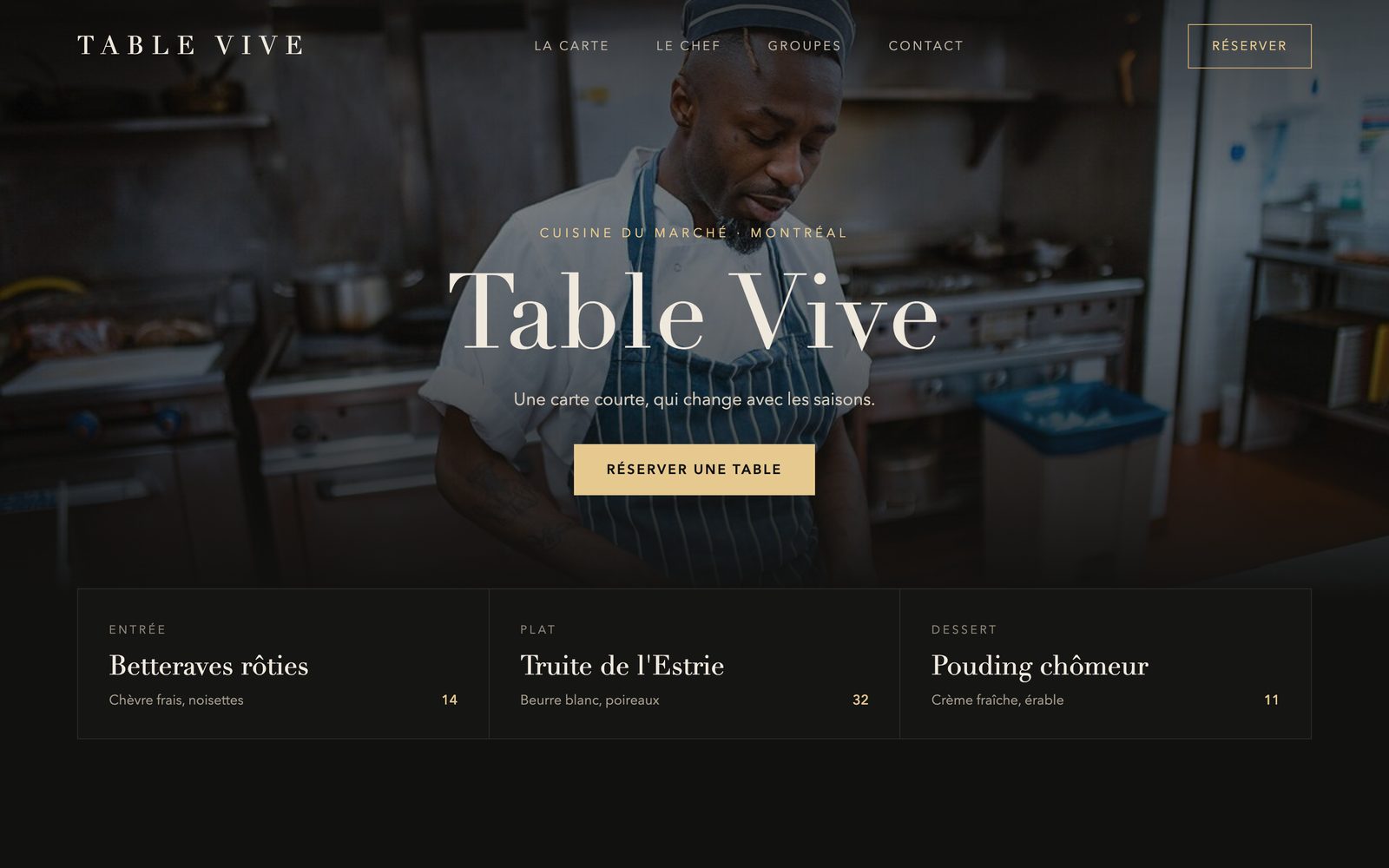 Concept de site pour un restaurant, Table Vive